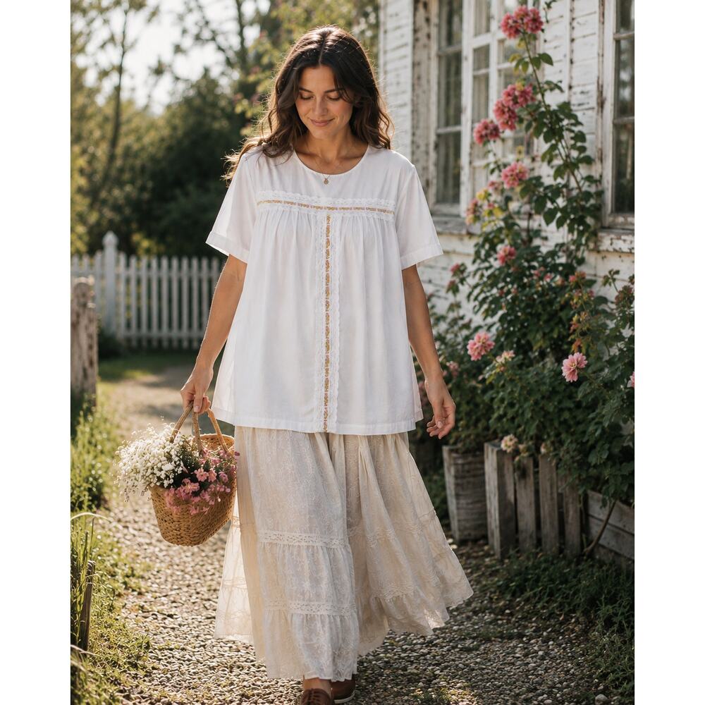 Vintage Cottagecore White Lace Trim Blouse Women's 1X Prairie Top Boho Romantic